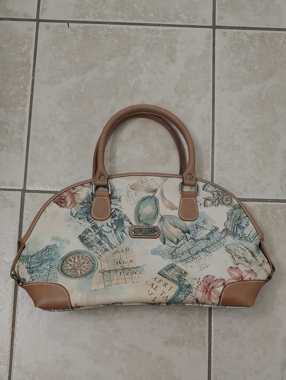 Vintage Map Print Bag Carryland Floral Leather Top Handle Purse
